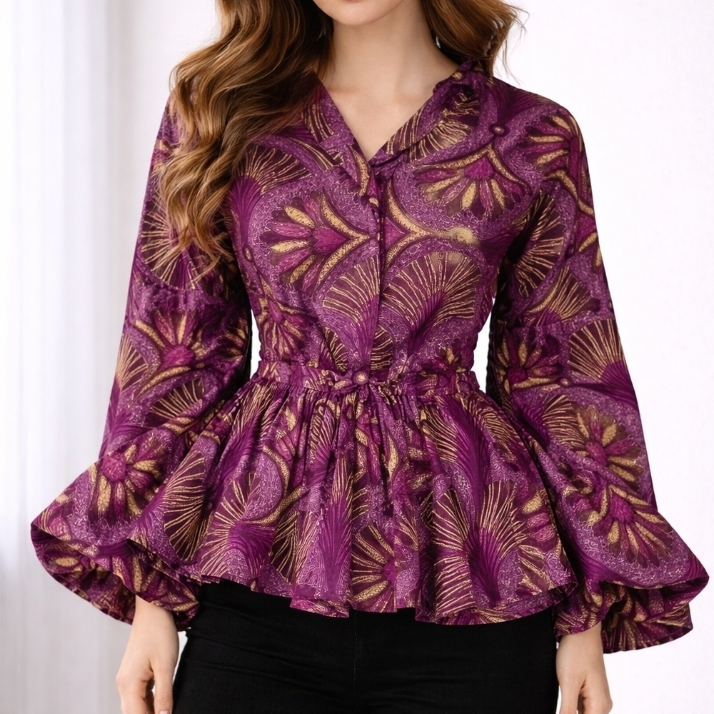 DEMESTIKS Reuben Revel Purple Afropunk Peplum Balloon Sleeve Castlecore Blouse